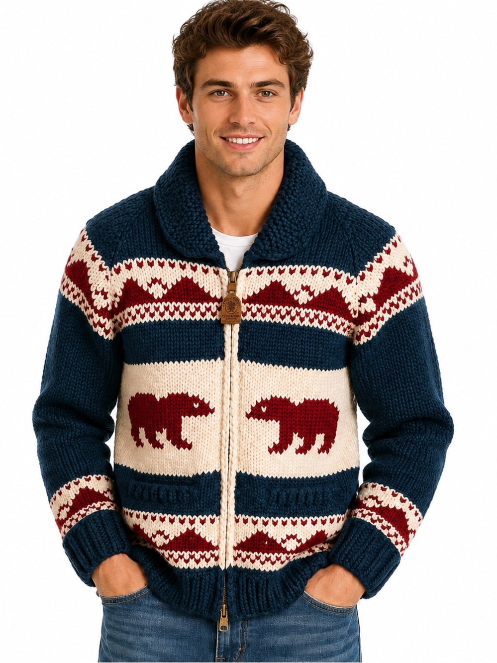 Canadian Sweater Co Bear Cowichan Wool Cardigan Hand Knit Canada M